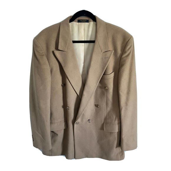 ROBERTO VASALLI Tan Camel Hair Blend Sport Coat Blazer Double Breasted Mens 44L - Picture 1 of 6